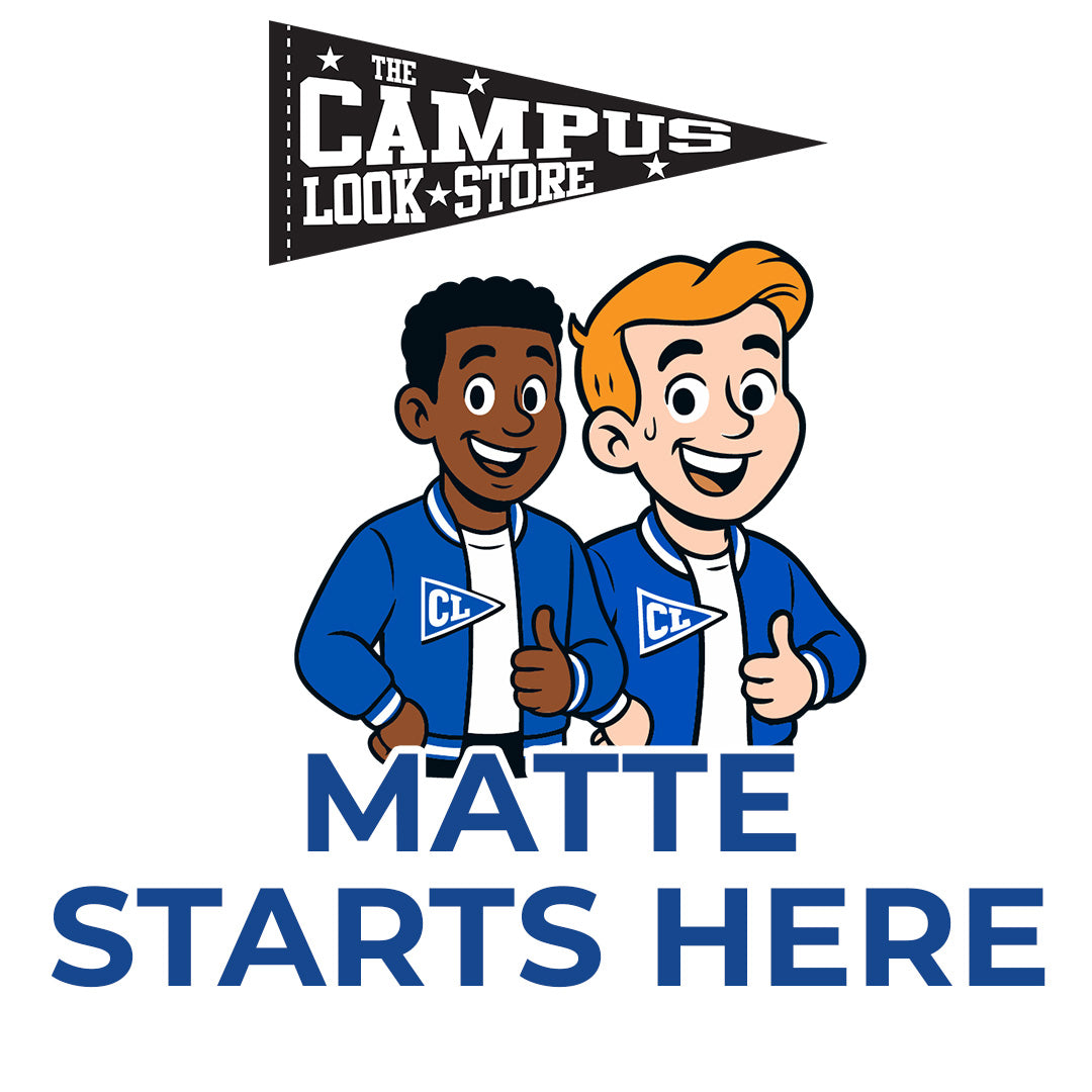 Two cartoon characters wearing blue jackets with a 'The Campus Look Store' flag and text 'Matte Starts Here'.